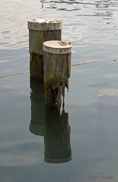 Un poteau d'amarrage, rongé par l'eau.